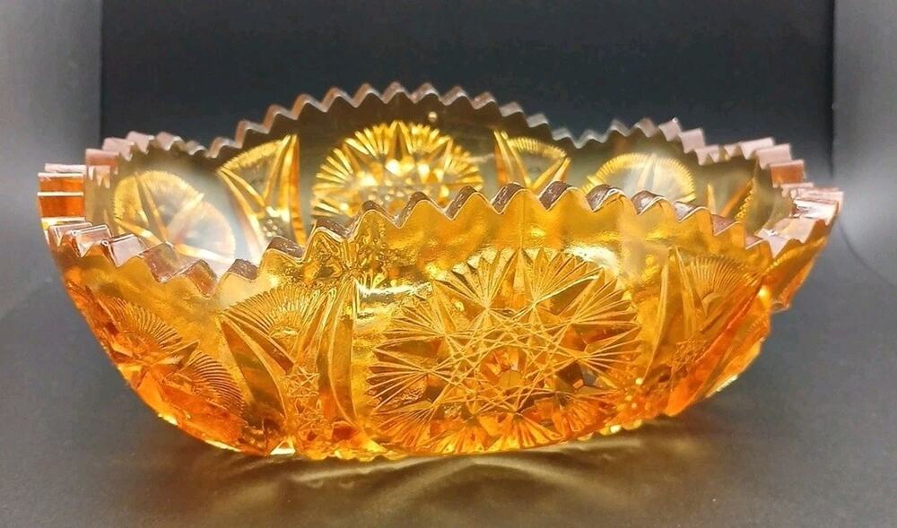 Vintage L.E. Smith Amber Glass Candy Dish Hobstar Sawtooth Rim Oval Flat Bowl 7"
